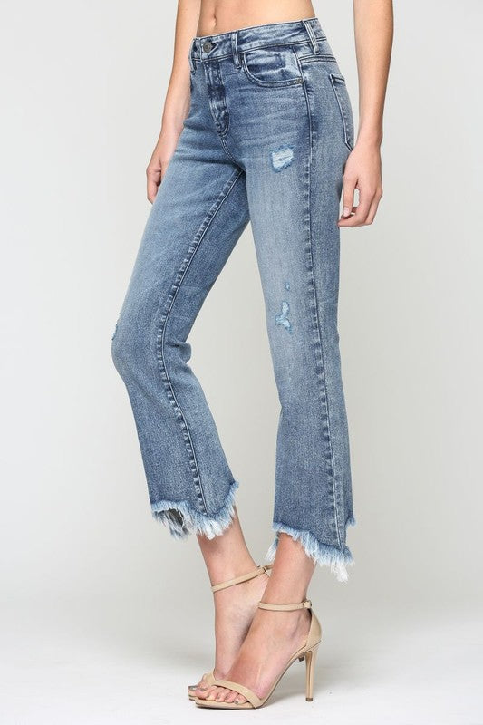 Hidden Mid Rise Super Fray Flare Jeans