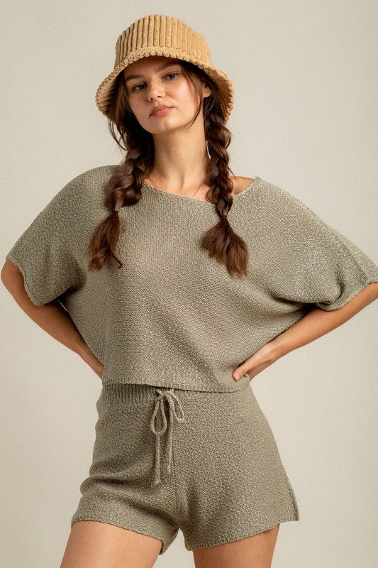 Knit Sweater Comfy Top  Shorts Set – Olive