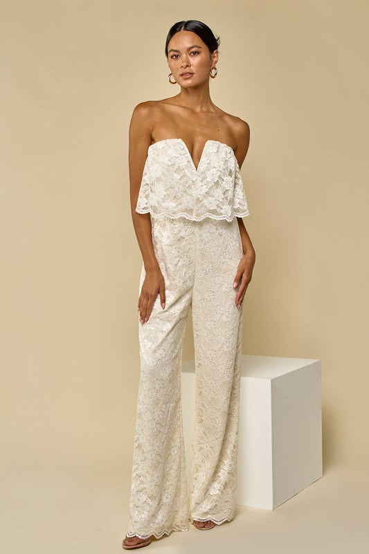 Lace Fabric V-Wire Tube Top Jumpsuit