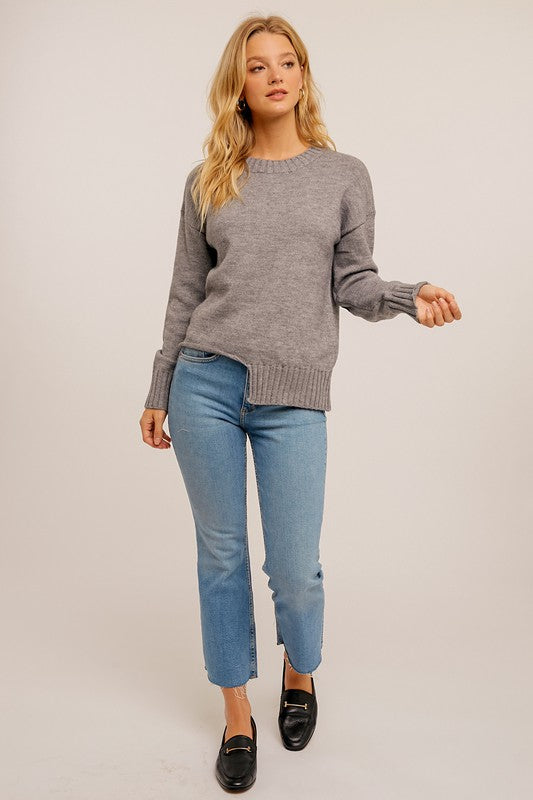 Leather Elbow Patch Asymmetrical Mock Neck Sweater