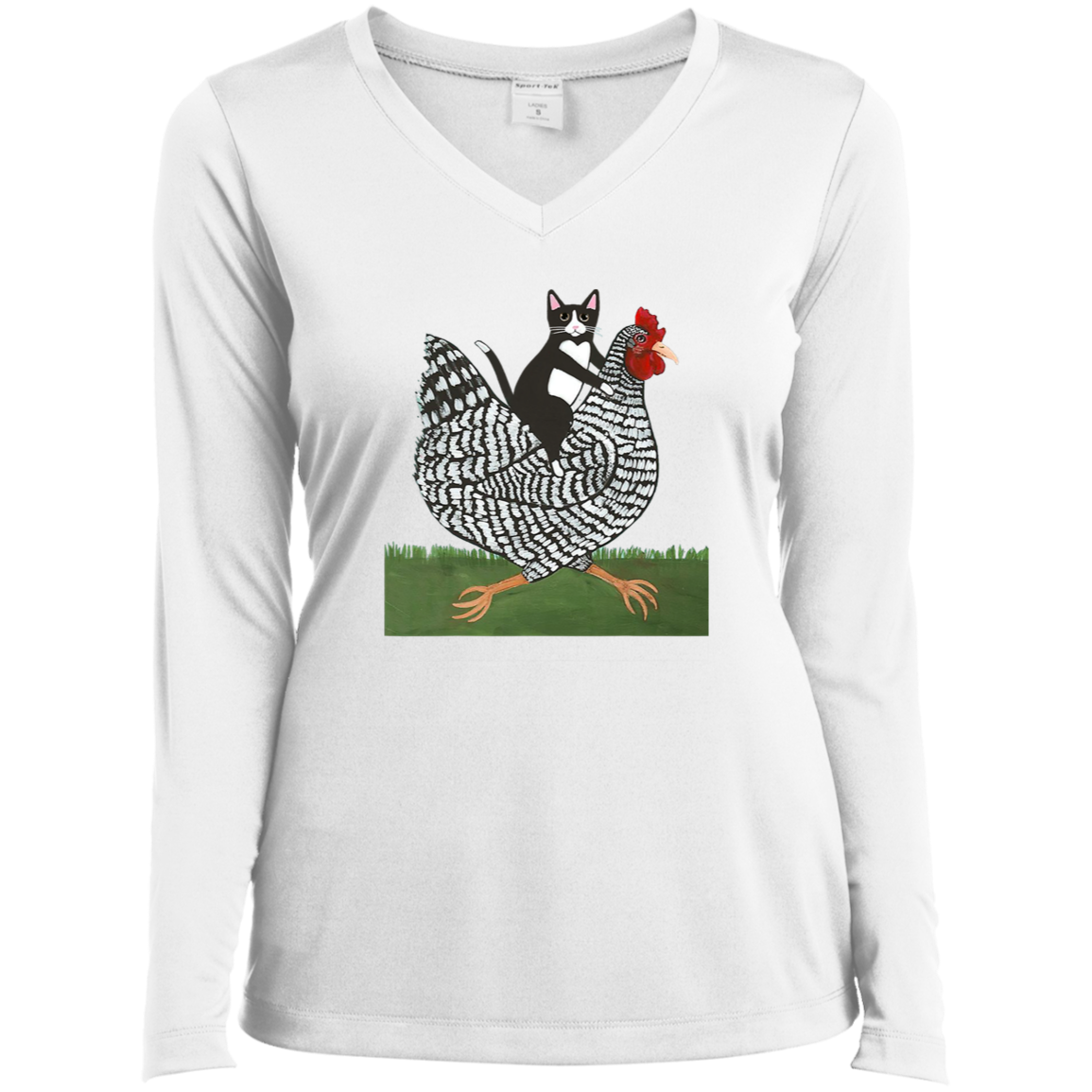Cat Riding a Chicken Long Sleeve Performance V-Neck Tee